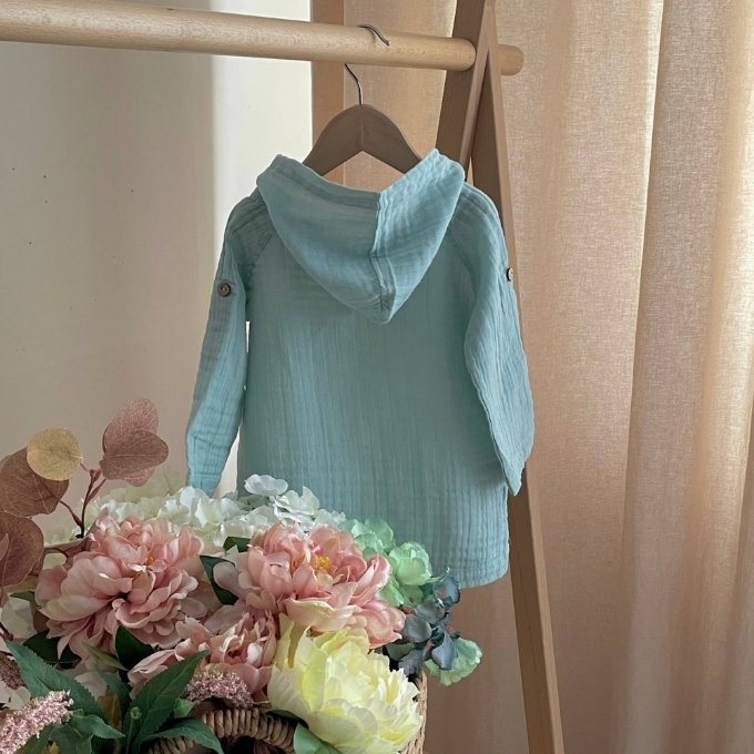 Bluza cu gluga din muselină pentru copii, albastru deschis – bumbac 100% (3)