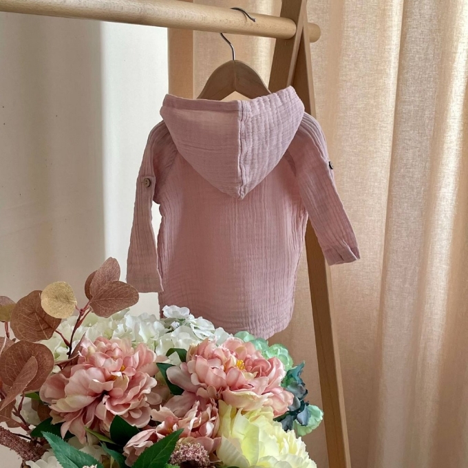 Bluza cu gluga din muselină pentru copii, roz pudra – bumbac 100% (3)