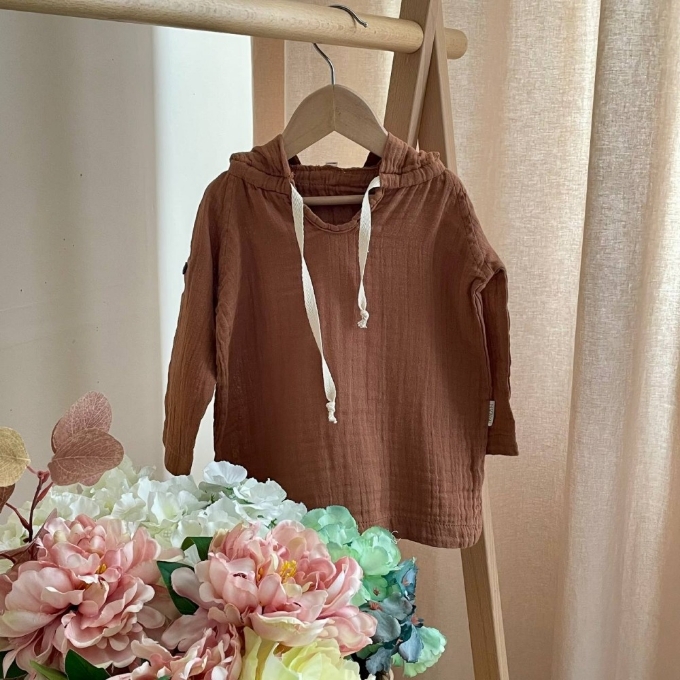Bluza cu gluga din muselină pentru copii, maro – bumbac 100% (1)