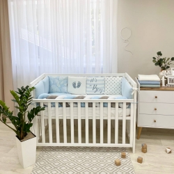 Set de Lenjerie pentru Pătuț Bebe / Copii - 7 piese cu Forme Geometrice Albastre