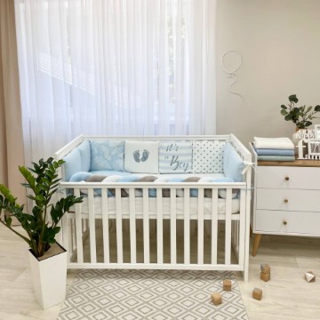 Set de Lenjerie pentru Pătuț Bebe / Copii - 7 piese cu Forme Geometrice Albastre