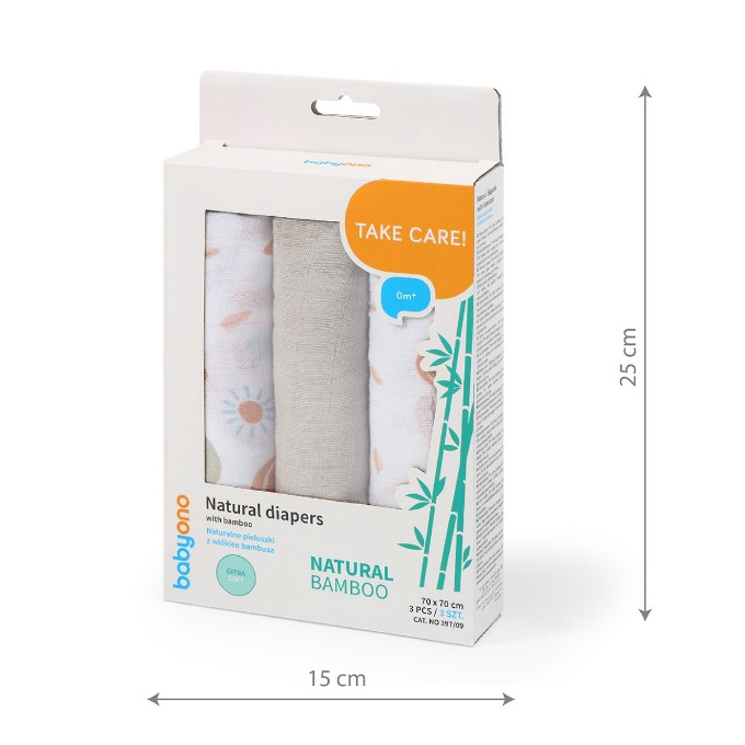 Poza cu Scutece muselina natural, set 3 bucati, 70%bambus si 30%bumbac, 70x70 cm, Babyono, 397/09
