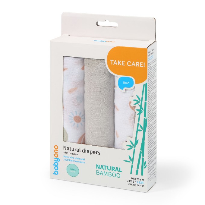 Poza cu Scutece muselina natural, set 3 bucati, 70%bambus si 30%bumbac, 70x70 cm, Babyono, 397/09