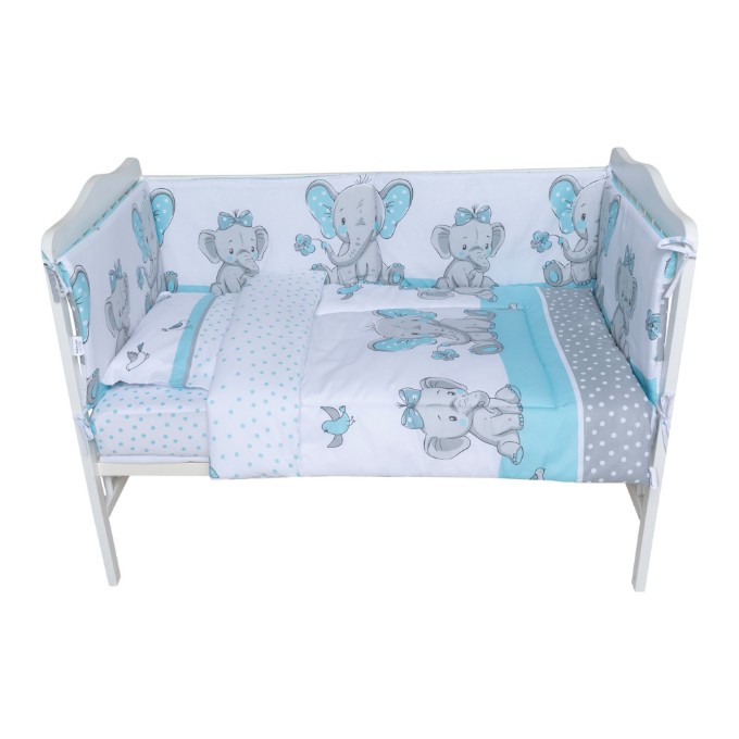 Poza cu Set lenjerie bumbac cu baldachin 8 piese pentru saltea de 120 x 60 cm, Elefant&Birds Blue, Beberoyal, LJ-008-103