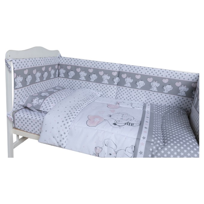 Poza cu Set lenjerie bumbac cu bumbac 8 piese pentru saltea de 120 x 60 cm, Love Elephants Roz, Beberoyal, LJ-008-102