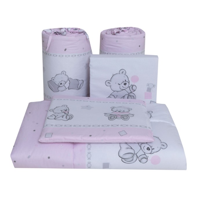 Poza cu Set lenjerie bumbac 5 piese pentru saltea de 120 x 60 cm, Ursuleti, Beberoyal, LJ005P-120-018