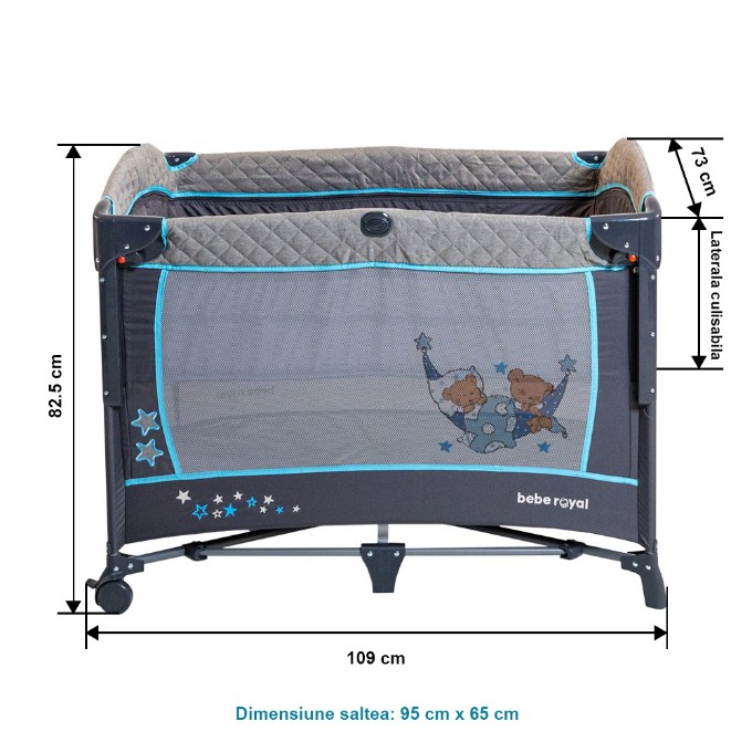 Poza cu Patut pliant cu 2 nivele si laterala culisanta DREAMING BEAR albastru, dimensiune exterioara 109 x 73 x 82.5 cm, Beberoyal, 220/01