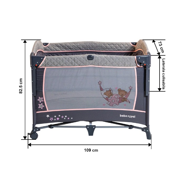 Poza cu Patut pliant cu 2 nivele si laterala culisanta DREAMING BEAR roz, dimensiune exterioara 109 x 73 x 82.5 cm, Beberoyal, 220/02