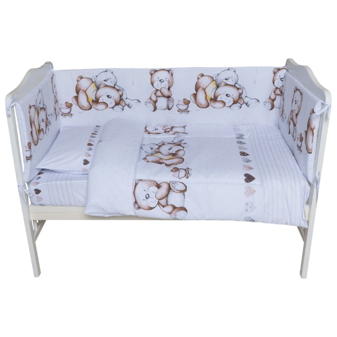 Poza cu Set lenjerie bumbac 3 piese pentru saltea de 120 x 60 cm, Teddy Bear&Hearts Alb, Beberoyal, LJ-003-108