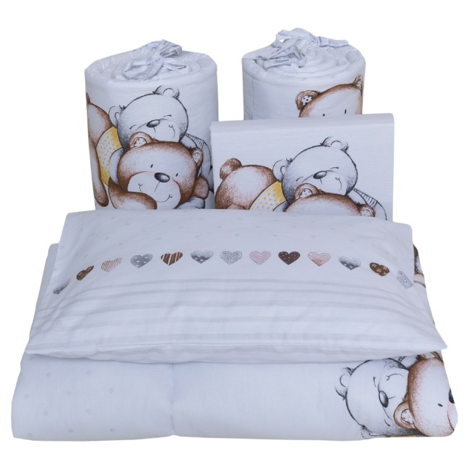 Poza cu Set lenjerie bumbac 3 piese pentru saltea de 120 x 60 cm, Teddy Bear&Hearts Alb, Beberoyal, LJ-003-108