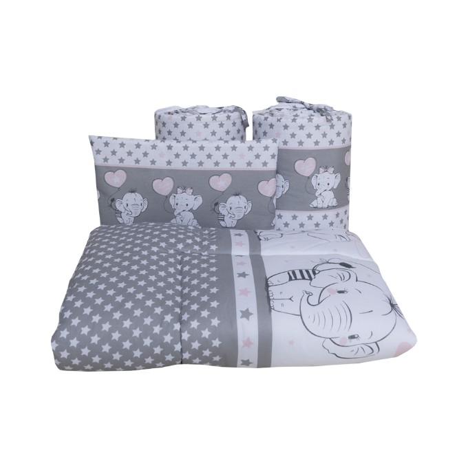 Poza cu Set lenjerie bumbac 3 piese pentru saltea de 120 x 60 cm, Love Elephants Roz, Beberoyal, LJ-003-102