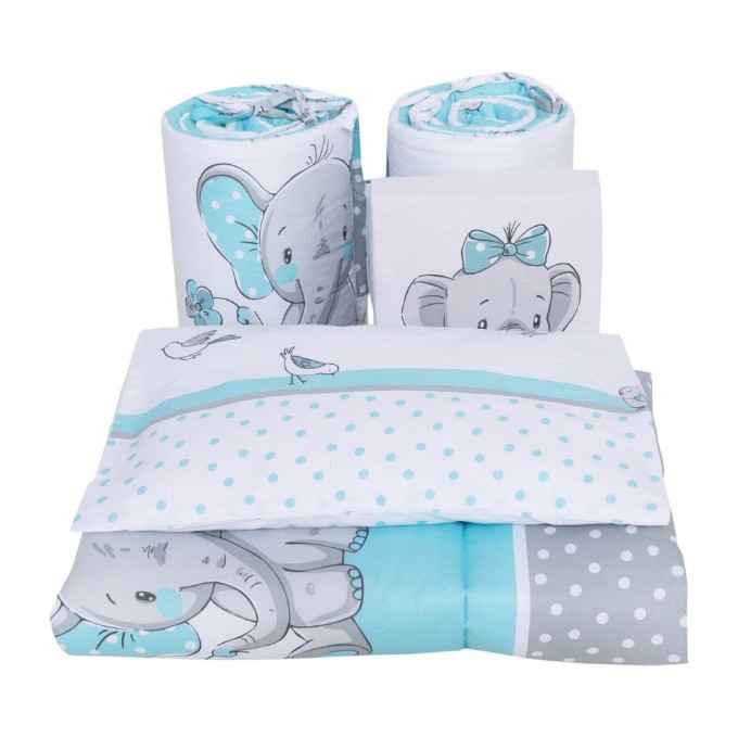 Poza cu Set lenjerie bumbac 3 piese pentru saltea de 120 x 60 cm, Elefant&Birds Blue, Beberoyal, LJ-003-103