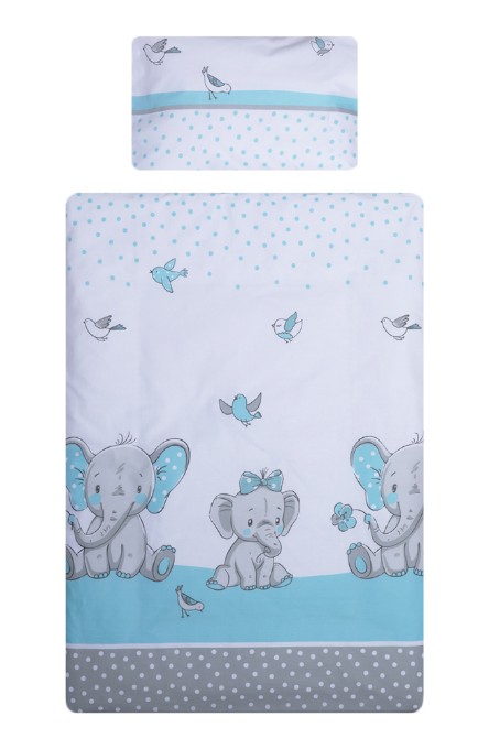Poza cu Set lenjerie bumbac 3 piese pentru saltea de 120 x 60 cm, Elefant&Birds Blue, Beberoyal, LJ-003-103
