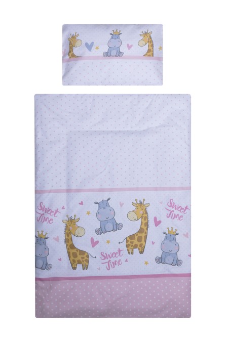 Poza cu Set lenjerie bumbac cu baldachin 6 piese pentru saltea de 120 x 60 cm, Hippo&Giraffe Roz, Beberoyal, LJ-006-114