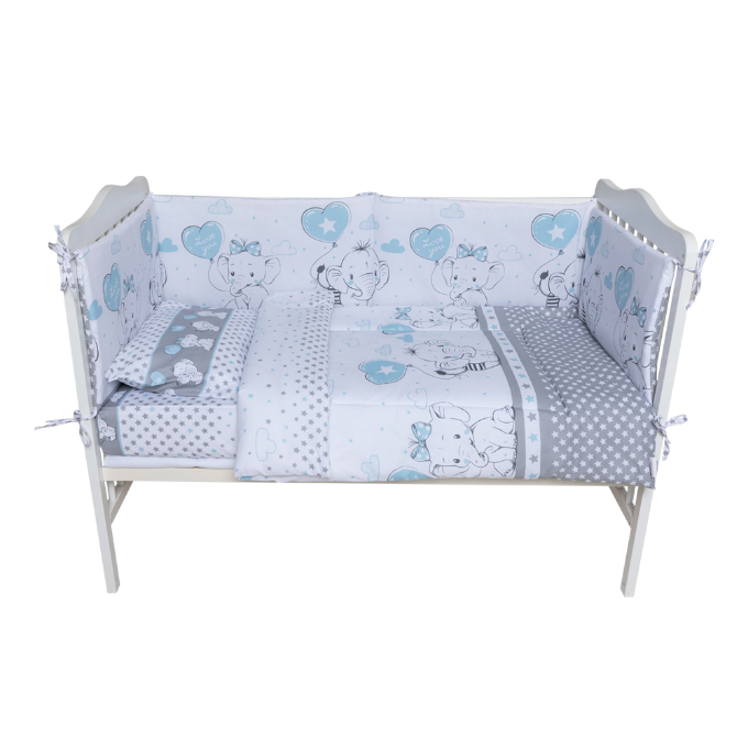 Poza cu Set lenjerie bumbac 3 piese  fete de schimb pentru saltea de 120 x 60 cm, Love Elephants Blue, Beberoyal, LJ-03F-101