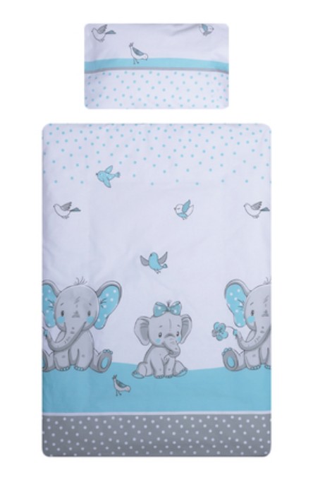 Poza cu Set lenjerie bumbac 3 piese  fete de schimb pentru saltea de 120 x 60 cm, Elefant&Birds Blue, Beberoyal, LJ-03F-103