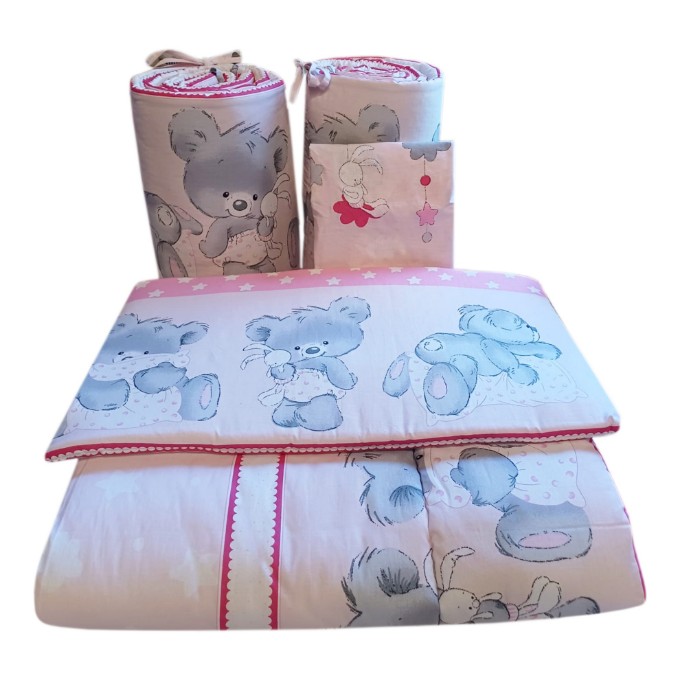 Poza cu Set lenjerie bumbac 5 piese pentru saltea de 120 x 60 cm, ambalata la punga, Bears&Rabbit Roz, Beberoyal, LJ-005-112