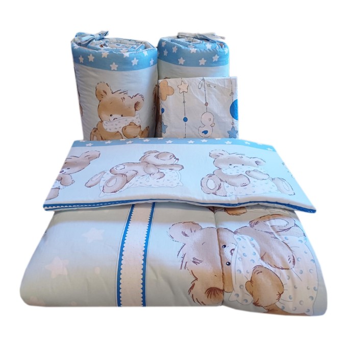 Poza cu Set lenjerie bumbac 5 piese pentru saltea de 120 x 60 cm, Ursuleti cu inimioare, Beberoyal, LJ005P-120-062