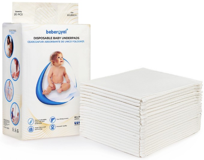 Poza cu Aleze Beberoyal Premium, 60 x 90 cm, 20 Bucăți - Impermeabile, Absorbție 2300ml, Fixare Autoadezivă, 6 straturi, Cod 120/20