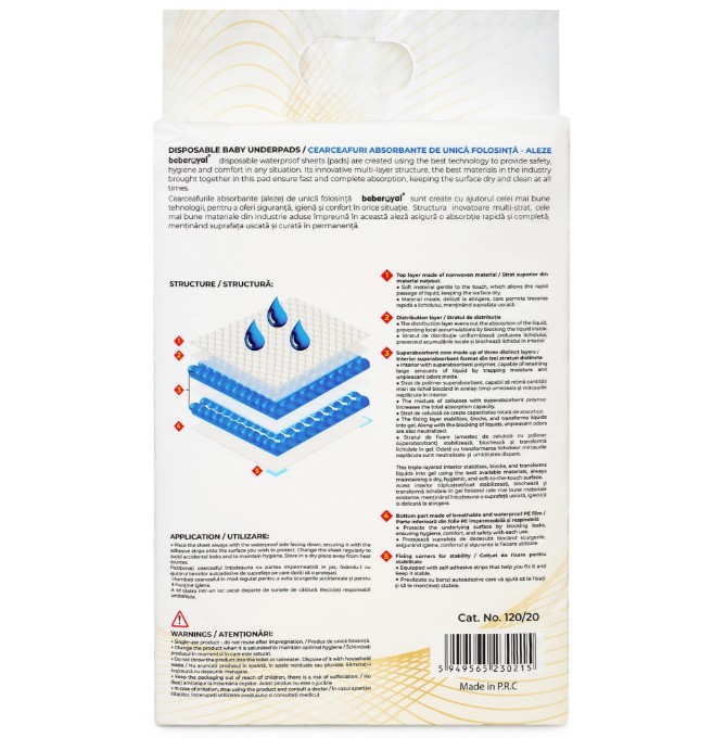 Poza cu Aleze Beberoyal Premium, 60 x 90 cm, 20 Bucăți - Impermeabile, Absorbție 2300ml, Fixare Autoadezivă, 6 straturi, Cod 120/20