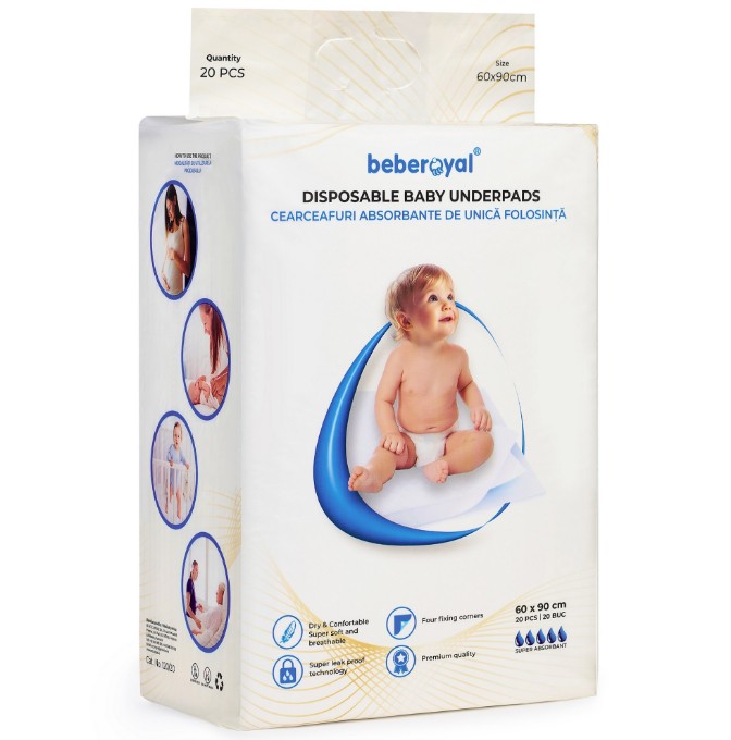 Poza cu Aleze Beberoyal Premium, 60 x 90 cm, 20 Bucăți - Impermeabile, Absorbție 2300ml, Fixare Autoadezivă, 6 straturi, Cod 120/20