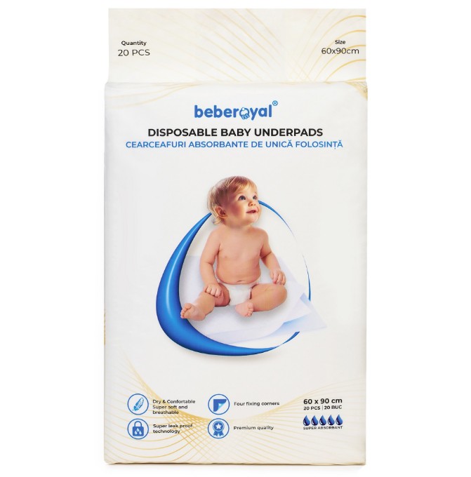 Poza cu Aleze Beberoyal Premium, 60 x 90 cm, 20 Bucăți - Impermeabile, Absorbție 2300ml, Fixare Autoadezivă, 6 straturi, Cod 120/20
