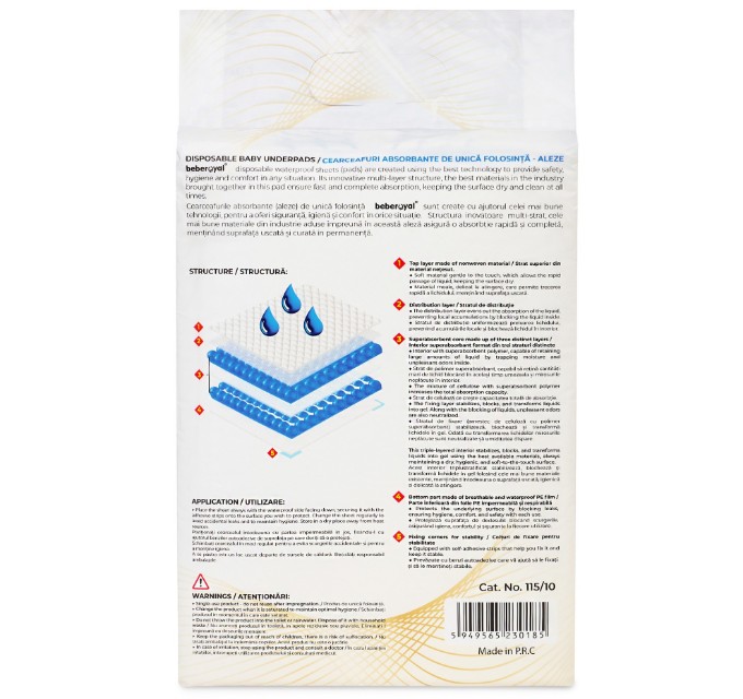 Poza cu Aleze Beberoyal Premium, 60 x 60 cm, 10 Bucăți - Impermeabile, Absorbție 1500ml, Fixare Autoadezivă, 6 straturi, Cod 115/10