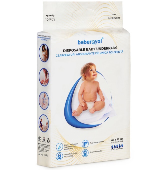 Poza cu Aleze Beberoyal Premium, 60 x 60 cm, 10 Bucăți - Impermeabile, Absorbție 1500ml, Fixare Autoadezivă, 6 straturi, Cod 115/10