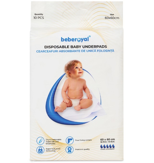 Poza cu Aleze Beberoyal Premium, 60 x 60 cm, 10 Bucăți - Impermeabile, Absorbție 1500ml, Fixare Autoadezivă, 6 straturi, Cod 115/10