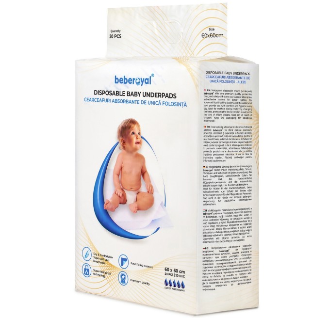 Poza cu Aleze Beberoyal Premium, 60 x 60 cm, 20 Bucăți - Impermeabile, Absorbție 1500ml, Fixare Autoadezivă, 6 straturi, Cod 115/20