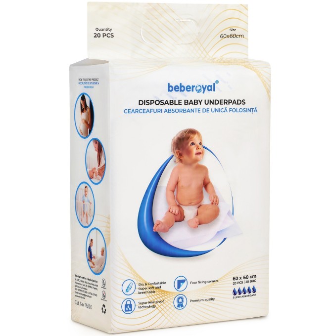 Poza cu Aleze Beberoyal Premium, 60 x 60 cm, 20 Bucăți - Impermeabile, Absorbție 1500ml, Fixare Autoadezivă, 6 straturi, Cod 115/20