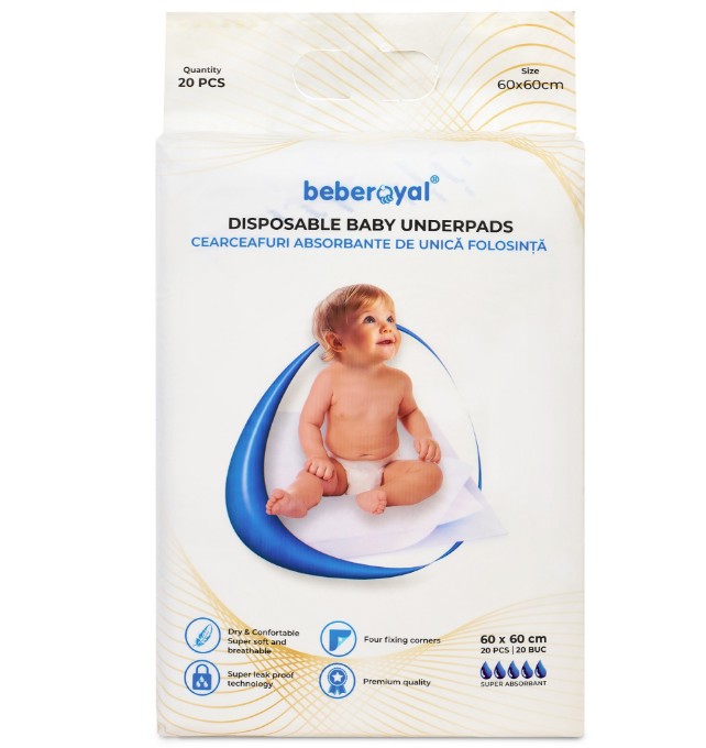 Poza cu Aleze Beberoyal Premium, 60 x 60 cm, 20 Bucăți - Impermeabile, Absorbție 1500ml, Fixare Autoadezivă, 6 straturi, Cod 115/20