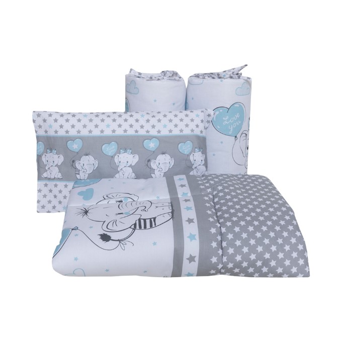 Poza cu Set lenjerie bumbac 5 piese pentru saltea de 120 x 60 cm, ambalata la punga, Love Elephants Blue, Beberoyal, LJ-005-101