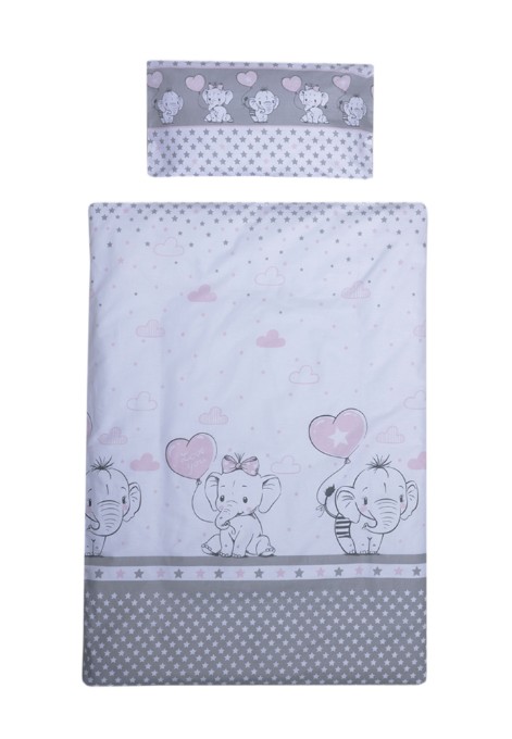 Poza cu Set lenjerie bumbac 5 piese pentru saltea de 120 x 60 cm, ambalata la punga, Love Elephants Roz, Beberoyal, LJ-005-102