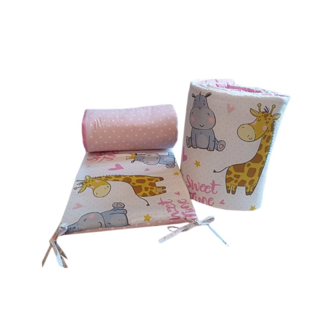 Poza cu Set 2 protectii, aparatoare, bumbac patut copii, bebelusi, beberoyal 180x35 cm, Hippo&Giraffe Roz 114