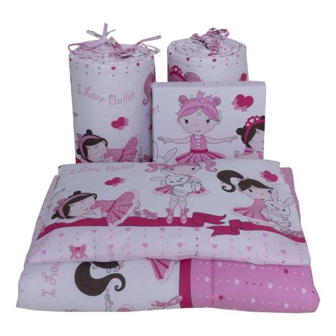Poza cu Set lenjerie bumbac 5 piese pentru saltea de 120 x 60 cm, Balerina fond roz, Beberoyal, LJ005P-120-081