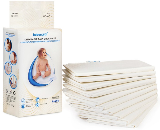 Poza cu Aleze Beberoyal Premium, 60 x 40 cm, 10 Bucăți, - Impermeabile, Absorbție 1050ml, Fixare Autoadezivă, 6 straturi, Cod 110/10