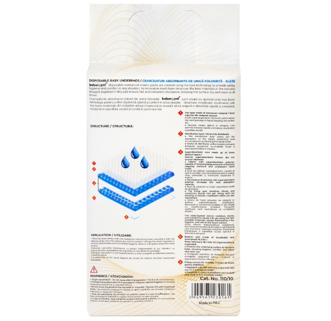 Poza cu Aleze Beberoyal Premium, 60 x 40 cm, 10 Bucăți, - Impermeabile, Absorbție 1050ml, Fixare Autoadezivă, 6 straturi, Cod 110/10