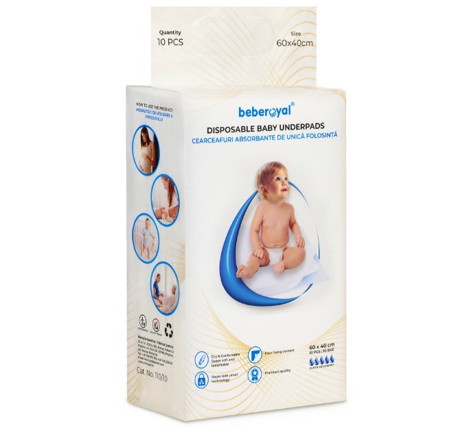 Poza cu Aleze Beberoyal Premium, 60 x 40 cm, 10 Bucăți, - Impermeabile, Absorbție 1050ml, Fixare Autoadezivă, 6 straturi, Cod 110/10