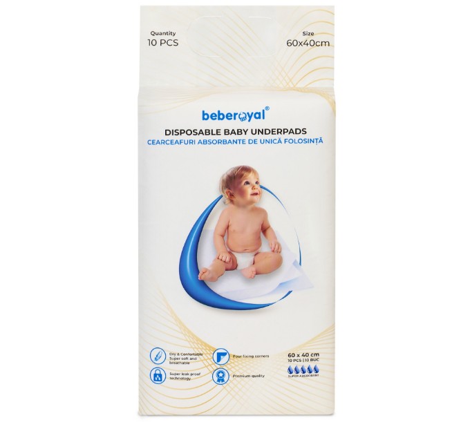 Poza cu Aleze Beberoyal Premium, 60 x 40 cm, 10 Bucăți, - Impermeabile, Absorbție 1050ml, Fixare Autoadezivă, 6 straturi, Cod 110/10