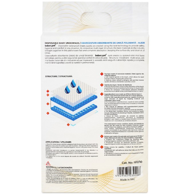 Poza cu Aleze Beberoyal Premium, 60 x 40 cm, 10 Bucăți, - Impermeabile, Absorbție 1050ml, Fixare Autoadezivă, 6 straturi, Cod 110/10