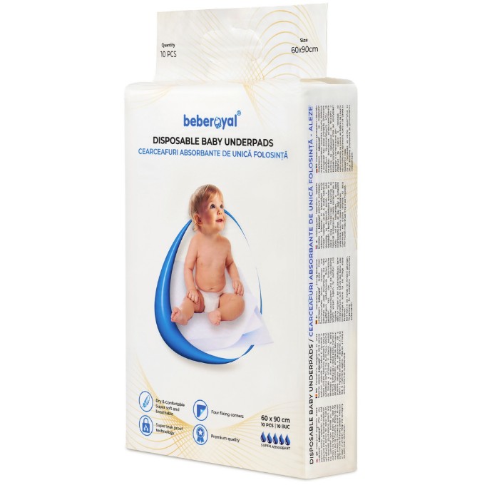 Poza cu Aleze Beberoyal Premium, 60 x 40 cm, 10 Bucăți, - Impermeabile, Absorbție 1050ml, Fixare Autoadezivă, 6 straturi, Cod 110/10