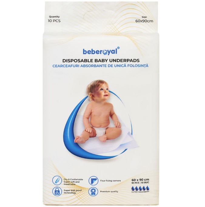 Poza cu Aleze Beberoyal Premium, 60 x 40 cm, 10 Bucăți, - Impermeabile, Absorbție 1050ml, Fixare Autoadezivă, 6 straturi, Cod 110/10