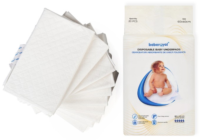 Poza cu Aleze Beberoyal Premium, 60 x 40 cm, 10 Bucăți, - Impermeabile, Absorbție 1050ml, Fixare Autoadezivă, 6 straturi, Cod 110/10