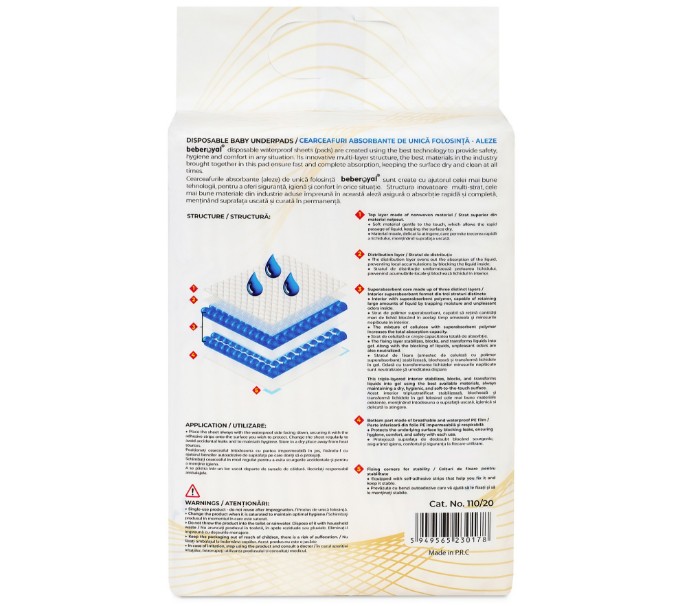 Poza cu Aleze Beberoyal Premium, 60 x 40 cm, 10 Bucăți, - Impermeabile, Absorbție 1050ml, Fixare Autoadezivă, 6 straturi, Cod 110/10