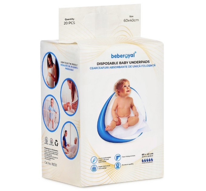 Poza cu Aleze Beberoyal Premium, 60 x 40 cm, 10 Bucăți, - Impermeabile, Absorbție 1050ml, Fixare Autoadezivă, 6 straturi, Cod 110/10