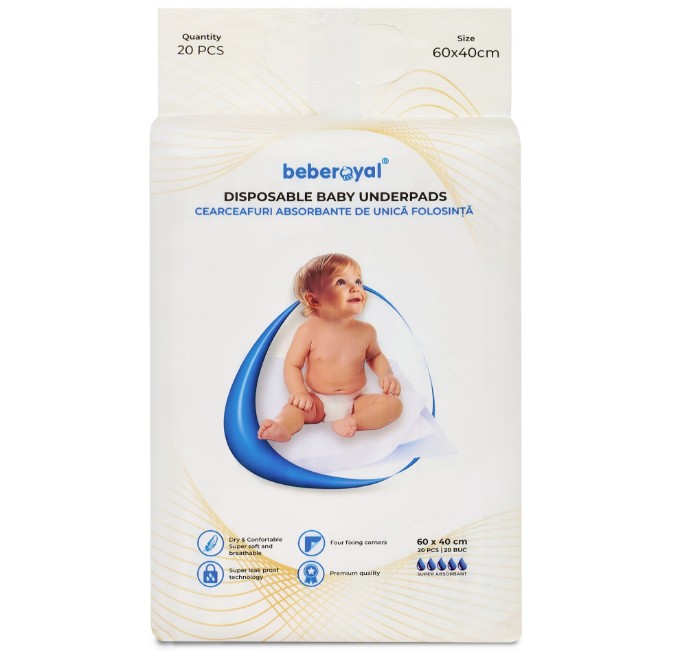 Poza cu Aleze Beberoyal Premium, 60 x 40 cm, 10 Bucăți, - Impermeabile, Absorbție 1050ml, Fixare Autoadezivă, 6 straturi, Cod 110/10