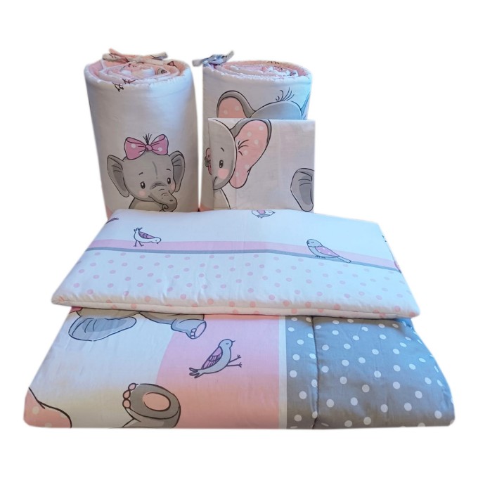 Poza cu Set lenjerie bumbac 5 piese pentru saltea de 120 x 60 cm, ambalata la punga, Elefant&Birds Roz, Beberoyal, LJ-005-104